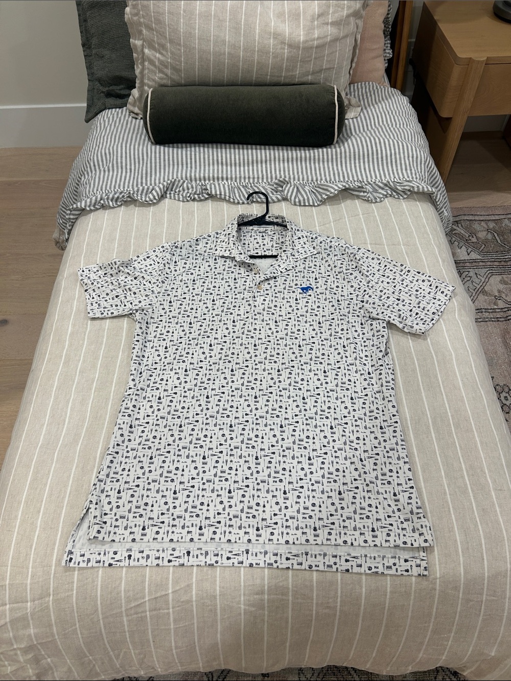 Peter Millar White Polo with Black Print and Blue SMU Mustang Logo